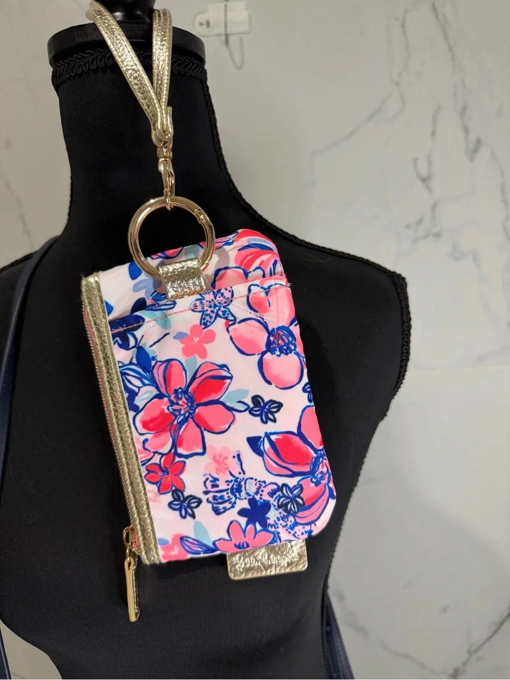 Lilly Pulitzer Pink & Blue Floral Wristlet Card Holder with Gold Accents